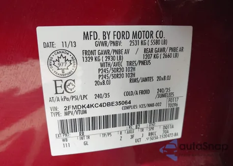 2013 Ford Edge Limited из США, поврежденный, VIN 2FMDK4KC4DBE35064